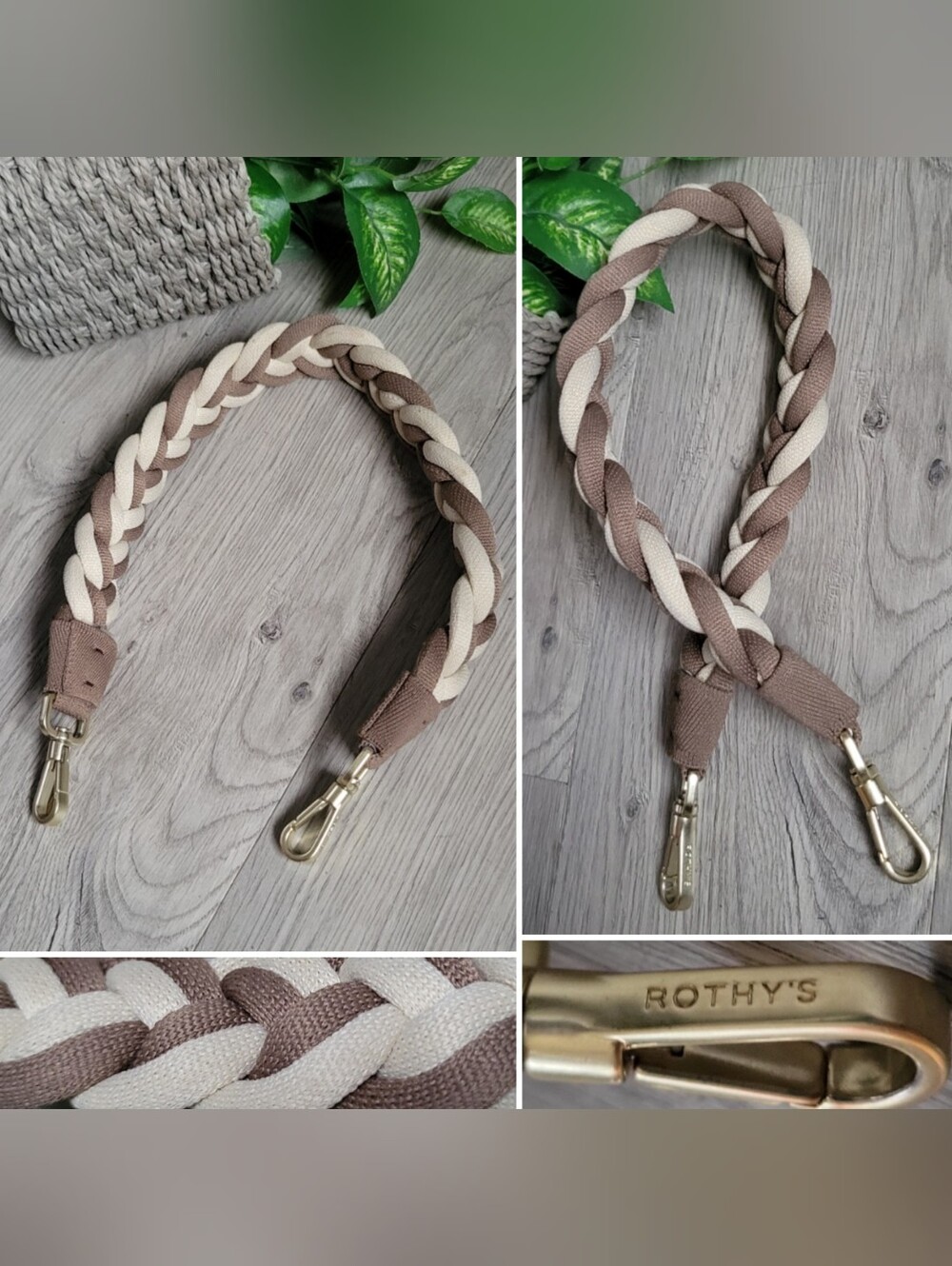 Rothy's The Shoulder Strap Cream and Cocoa Braid + Brushed Gold Clasps, 22 x 1.5